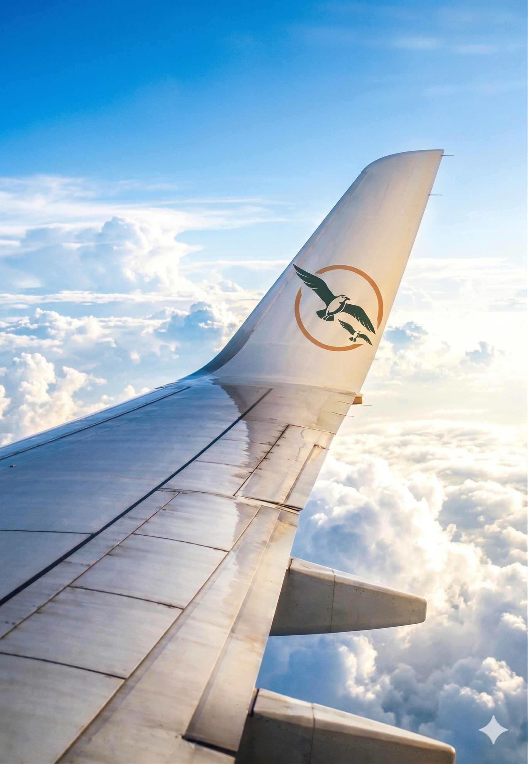 A jet winglet seen at altitude, with the WingMentor mark on the surface — a calm view from the instructor's vantage point.